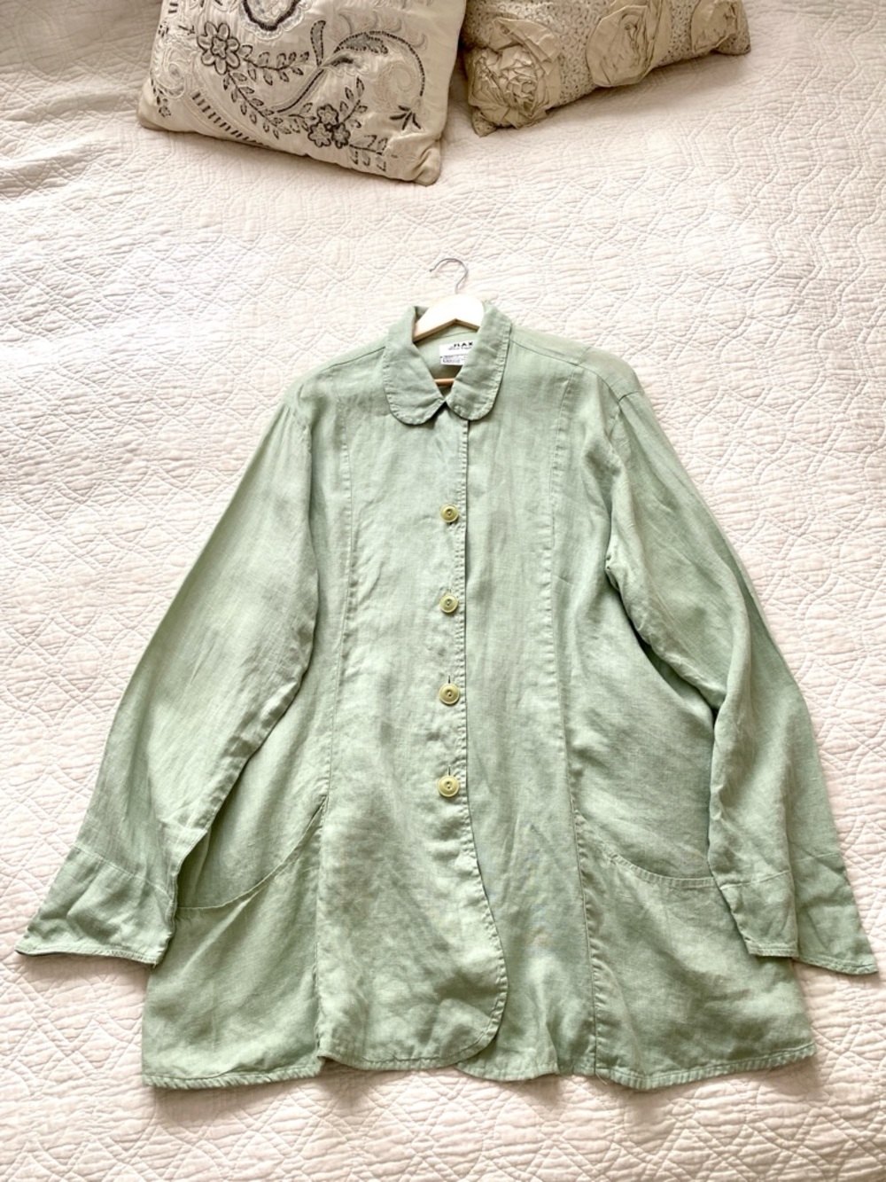 Flax 100% Sage Green Linen Button Front Tunic Shirt Top Long Sleeve Size L - Picture 15 of 16